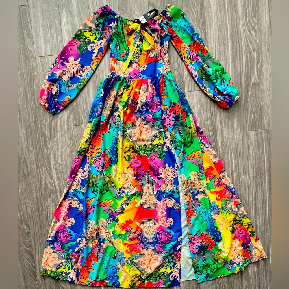 Stunning floor length over the shoulder colorful dress. Made in Poland. Size XS